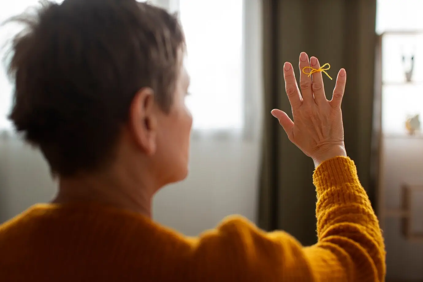 Eine Frau trägt zur Erinnerung eine Schnur am Finger.